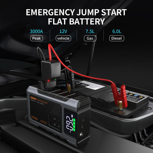 Portable Car Jump Starter With Air Compressor, 3000A Peak (7.5L Gas, 6.5L Diesel) , Jump Starter Battery Pack With150 PSl Tire Inf