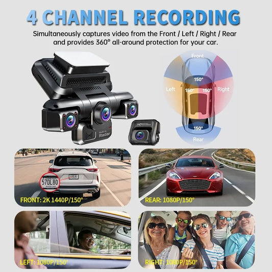 4CH 360° Dash Cam i7Pro with 4K Front + 3x1080P Cameras | GPS, WiFi, 24H Parking, IR Night Vision